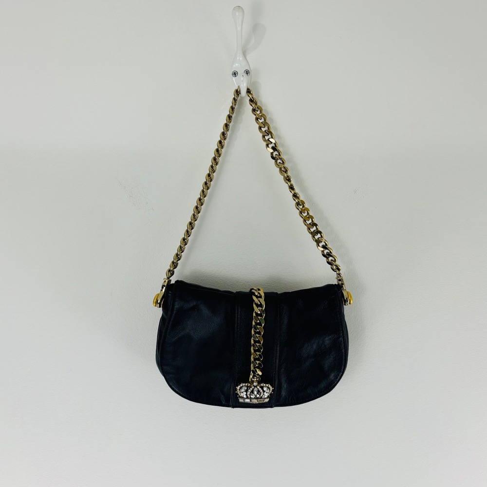 Wilsons Leather Black Leather Bag Shoulder or Clutch Gold Chain Rhinestone Crown
